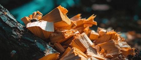Wood shavings display intricate patterns and textures under soft sunlight in natural surroundingsの素材