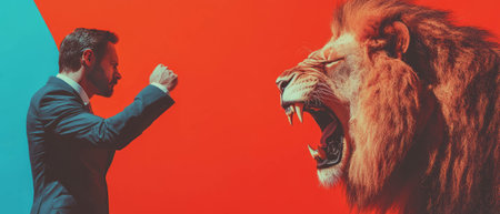 Businessman confronts lion head in a humorous and powerful collage settingの素材