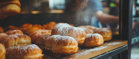 Fresh pastries dusted with powdered sugar ready to delight taste buds in a bakery displayの素材