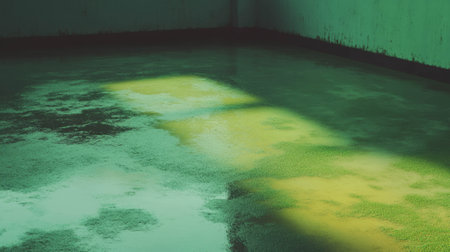 Vibrant chartreuse moss on wet concrete surface highlighted by sunlightの素材