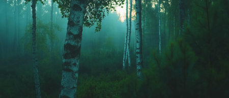 Ethereal birch forest shrouded in mist revealing a tranquil and serene atmosphereの素材