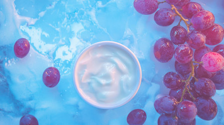 Fresh grapes and cream on a blue surface for culinary inspiration and refreshing designsの素材