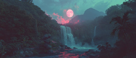 Moonlit waterfall cascading through lush jungle terrain in hyper-realistic painting styleの素材