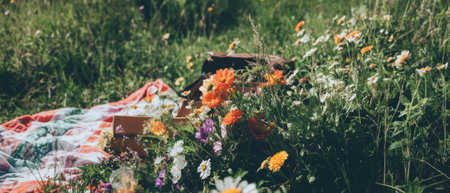 Colorful wildflowers decorate a cheerful picnic setting on a sunny day in natureの素材