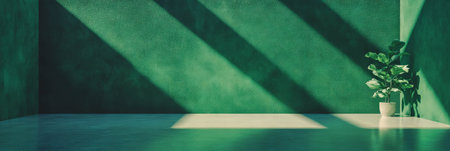 Modern interior with deep olive textured wall and glossy finish in minimalist room with sunlightの素材