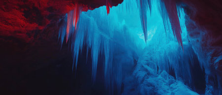 Magical blue ice formations illuminate an enchanting ice cave under radiant light raysの素材