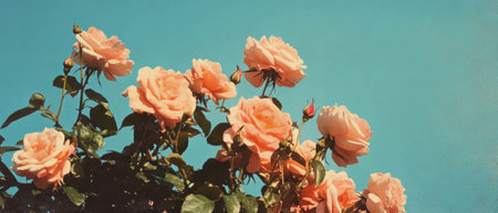 Bouquet of vintage roses against a serene blue sky with aged paper backgroundの素材