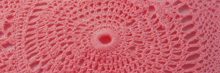 Intricate pink crocheted tablecloth showcasing detailed lace design and textured patternsの素材