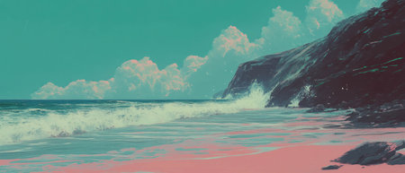 Serene beach with gentle waves and rocky cliffs under vibrant skyの素材