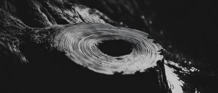 Close-up view of the intricate patterns in tree rings revealing age and historyの素材