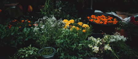 Freshly cut flowers arranged beautifully with vibrant ingredients in a garden settingの素材
