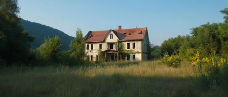 Abandoned building surrounded by overgrown grass and fading memories in a rural settingの写真素材