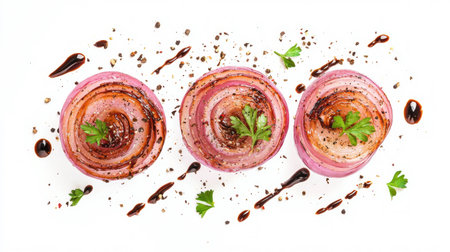 Delicious roasted red onions garnished with herbs and balsamic glaze on white backgroundの素材