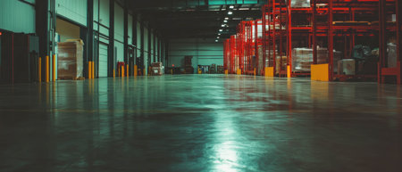 Interior view of an industrial warehouse featuring storage racks and polished flooringの素材