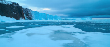 Dramatic frozen coastline with towering ice cliffs under a moody blue sky