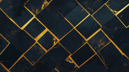 Luxurious black diamond tile pattern with elegant gold grout design for interior decorの素材