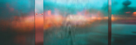 Unique blend of mesh fabric, corrugated metal, and smooth glass in urban settingの素材