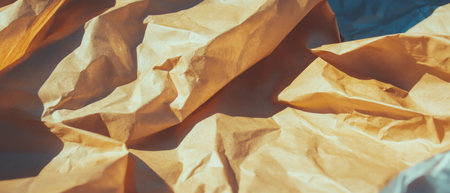 Crumpled brown paper creating interesting texture and patterns in natural lightの素材