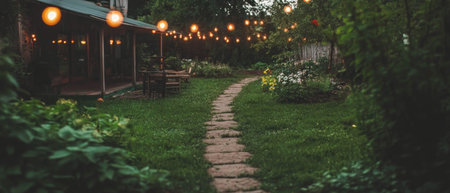 Enchanting fairy lights illuminate a serene garden path during twilight hoursの素材