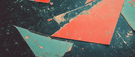 Faded patterns and vintage textures create a retro punk aesthetic in a distressed settingの素材