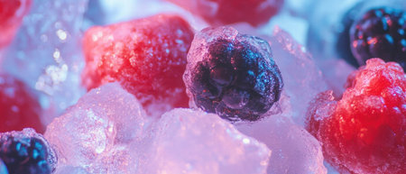 Refreshing frozen snack of berries and ice with vibrant colors and texturesの素材