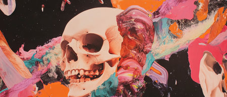 Exploring the abstract interplay of time, memory, and skeletal forms in vibrant colorsの素材