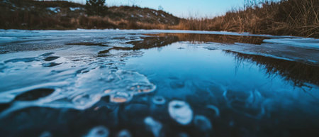Frozen lake features unique ice formations under a clear sky during twilightの素材