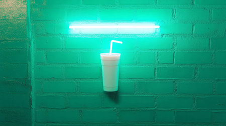 Neon vibes: white milkshake cup on green brick wall aestheticの素材