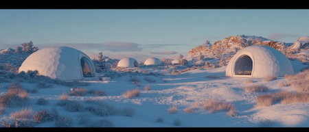 Cozy igloo village nestled in serene snowy landscape during early morning light
