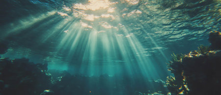 Radiant sun rays illuminating underwater scenery with vibrant blues and tranquil greensの素材