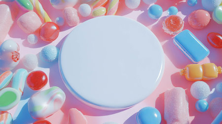 Colorful candy and sweet treats surrounding a white circular podium - perfect for confectionery design and presentationの素材