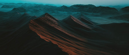 Soft rolling sand dunes captured from above showcasing vibrant color contrasts at duskの写真素材