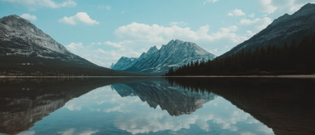 Serene mountain reflection on a calm lake with a cinematic texture in a tranquil landscapeの写真素材