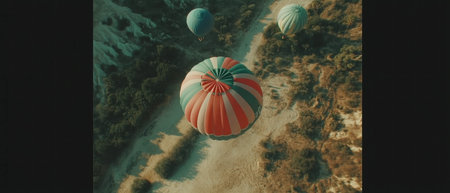 Colorful hot air balloons floating over a picturesque landscape at sunriseの写真素材
