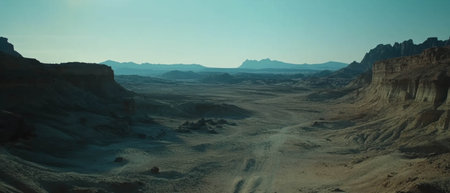 Expansive desert landscape featuring towering sand dunes under clear blue skyの写真素材
