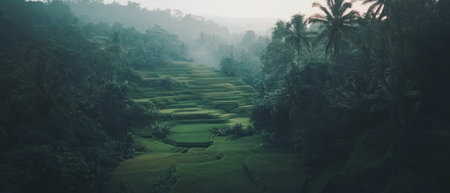 Cinematic view of lush green rice terraces with vibrant colors and misty atmosphereの写真素材