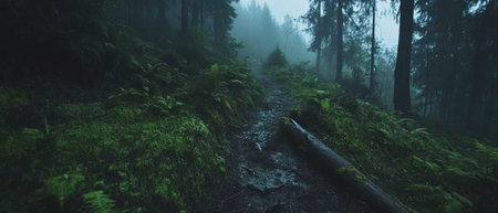 Misty forest path showcasing tranquil atmosphere and natural beauty in the early morningの写真素材