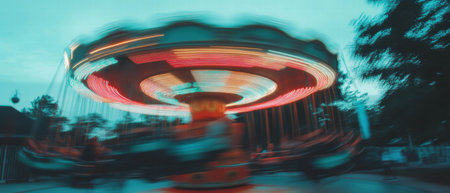 Colorful carousel spins in blurred motion creating a playful atmosphere at a fairgroundの素材