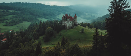Cinematic view of a historical castle perched on a hill amidst lush greeneryの素材
