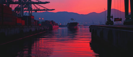 Shipping dock at sunset with vibrant colors reflecting on calm watersの素材