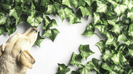 Curious dog sniffing vibrant ivy branch on a bright dayの素材