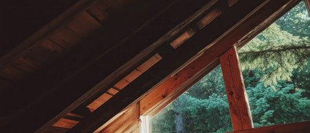 Cozy cabin interior showcasing wooden beams and natural light through the windowsの素材