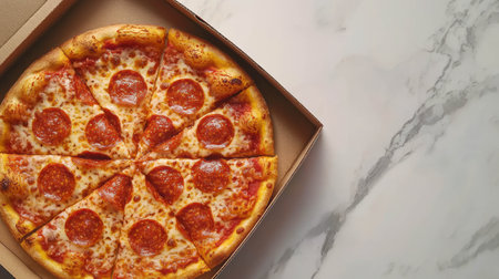 Delicious sliced pepperoni pizza in a cardboard box on marble surfaceの素材