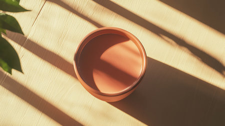 Rustic terracotta cup of hot masala tea in sunlit setting for cozy tea momentsの素材