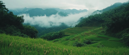 Cinematic view of lush green rice terraces amidst misty mountains in tranquil landscapeの写真素材