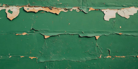 Textured bottle green wall with heavy grunge effect and peeling paint detailsの素材