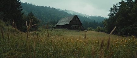 Cinematic view of a rustic barn surrounded by lush fields and mountains in the distanceの写真素材