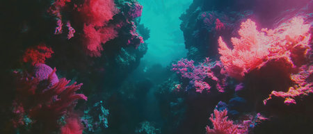 Vibrant underwater coral reef teeming with life and contrasting colors from a top view perspectiveの素材