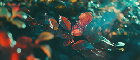 Cinematic view of vibrant autumn foliage with rich colors in a serene park settingの写真素材