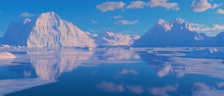 Frozen lake with vast snowdrifts under a bright blue sky in a tranquil winter landscape